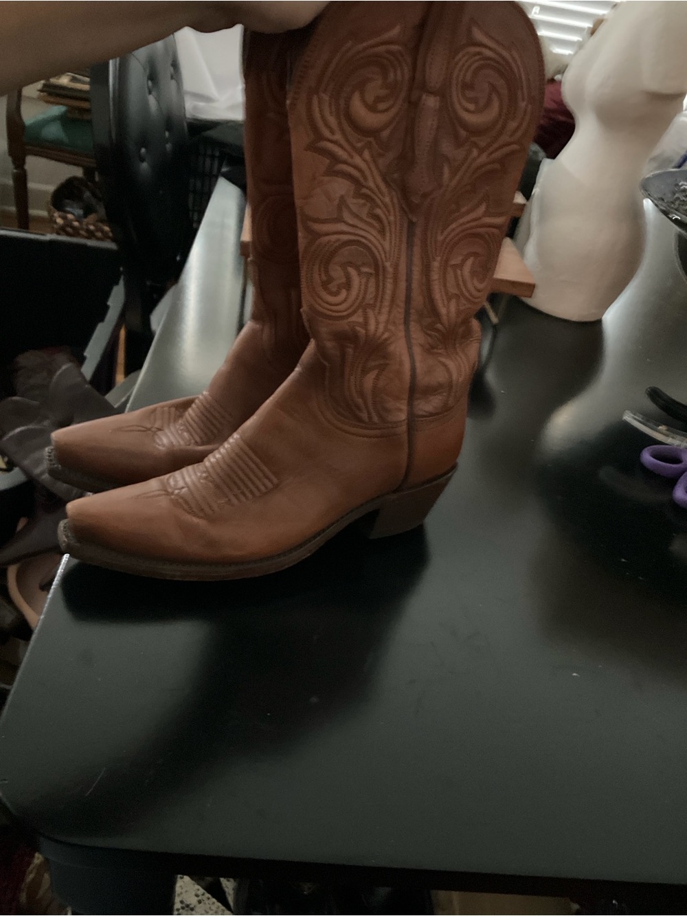 Lucchese Tan Leather Western Embroidered Heeled Boots